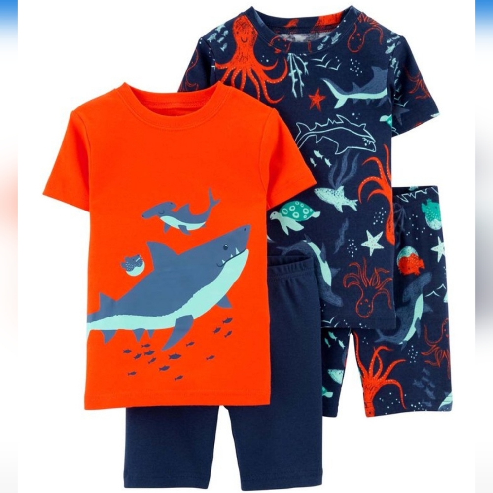 Carter's Boy's Crewneck Tee 4-Piece Pajama Set Blue Shark Size 6 Months NWT